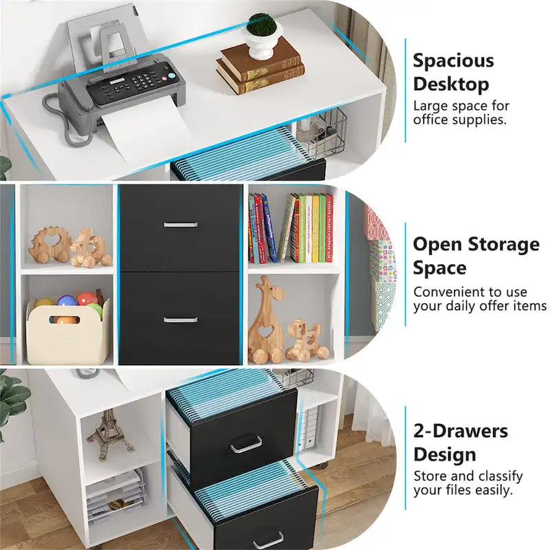 Meuble de rangement de bureau en bois avec 2 tiroirs et 4 étagères ouvertes