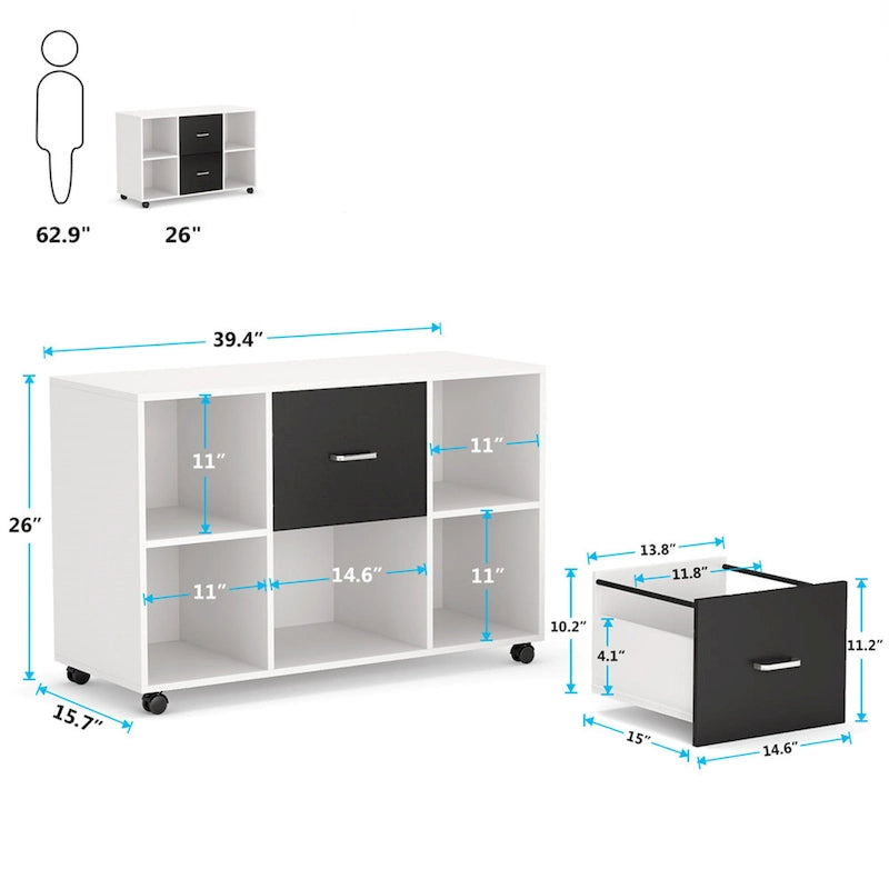 Meuble de rangement de bureau en bois avec 2 tiroirs et 4 étagères ouvertes