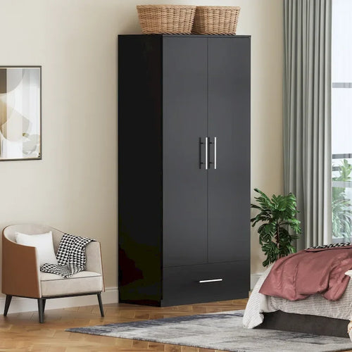 Armoire 2 portes avec tiroir de rangement et tringle à vêtements