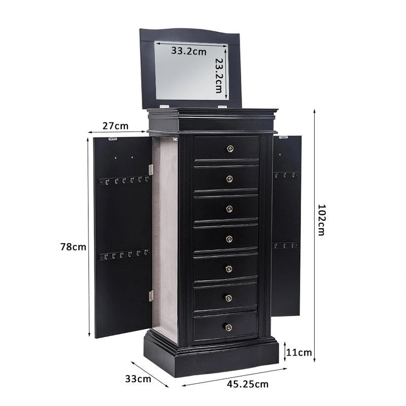 Jewelry Armoire with Mirror, 7 Drawers & 24 Necklace Hooks, 2 Side Swing Doors