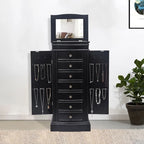 Armoire à bijoux avec miroir, 7 tiroirs et 24 crochets à collier, 2 portes battantes latérales