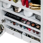 Étagère 4 niveaux, 2 tiroirs, 8 lumières LED bleues, armoire à bijoux avec miroir