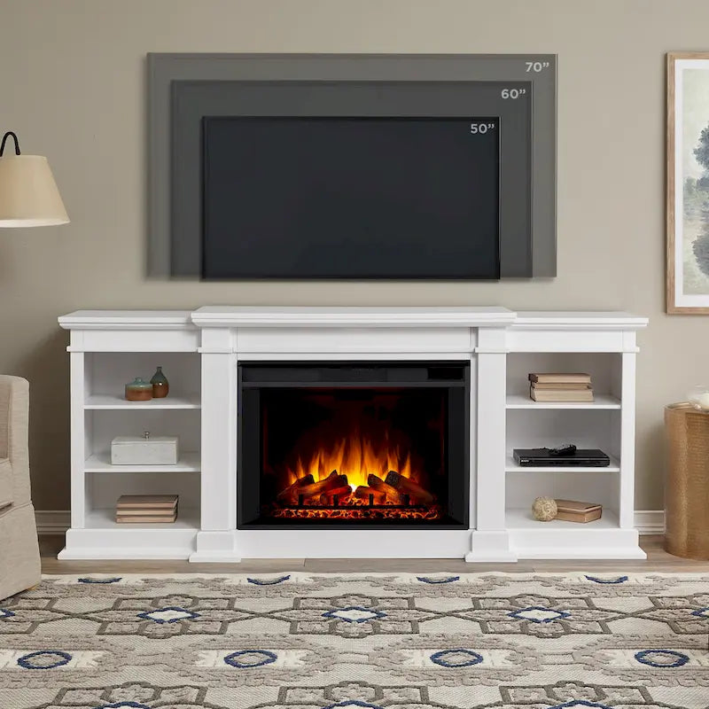 Meuble TV électrique de 81 po avec foyer, blanc