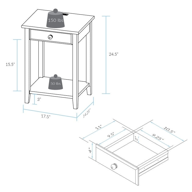 Table de chevet en bois massif 1 tiroir avec ports USB