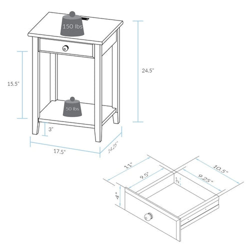 Table de chevet en bois massif 1 tiroir avec ports USB