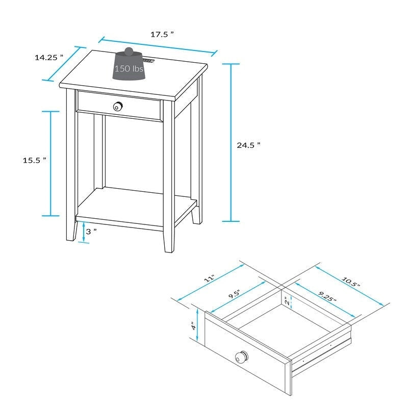 Table de chevet en bois massif 1 tiroir avec ports USB