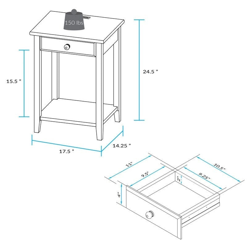 Table de chevet en bois massif 1 tiroir avec ports USB
