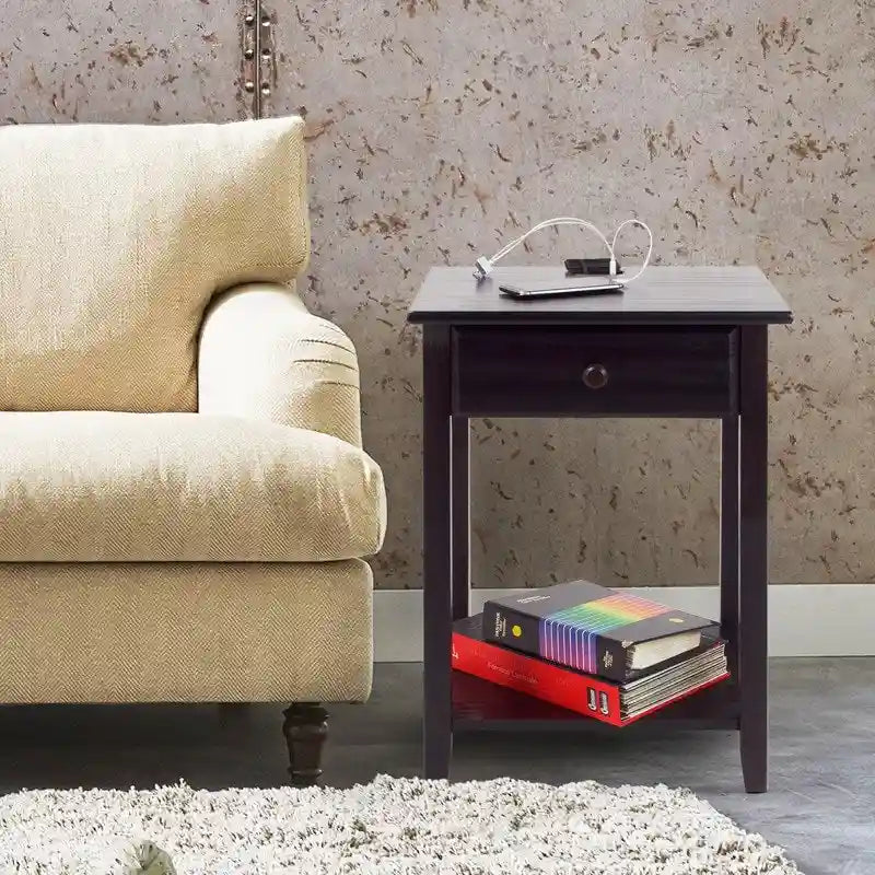 Table de chevet en bois massif 1 tiroir avec ports USB