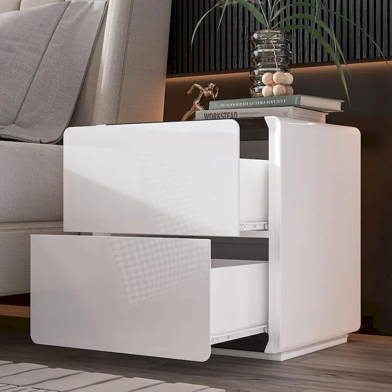 Table de chevet LED blanche moderne Tables de chevet laquées brillantes avec 2 tiroirs