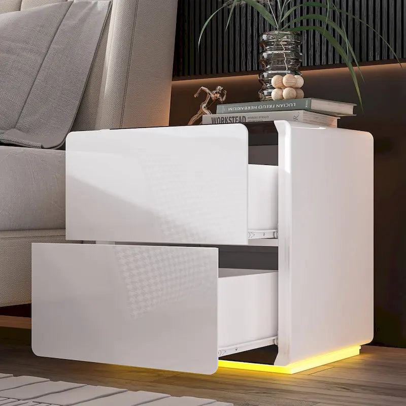 Table de chevet LED blanche moderne Tables de chevet laquées brillantes avec 2 tiroirs