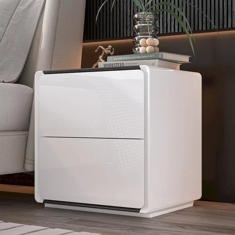 Table de chevet LED blanche moderne Tables de chevet laquées brillantes avec 2 tiroirs