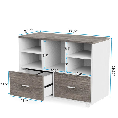 Meuble de rangement à 2 tiroirs en bois avec étagères ouvertes, classeur latéral mobile pour dossiers suspendus de format lettre