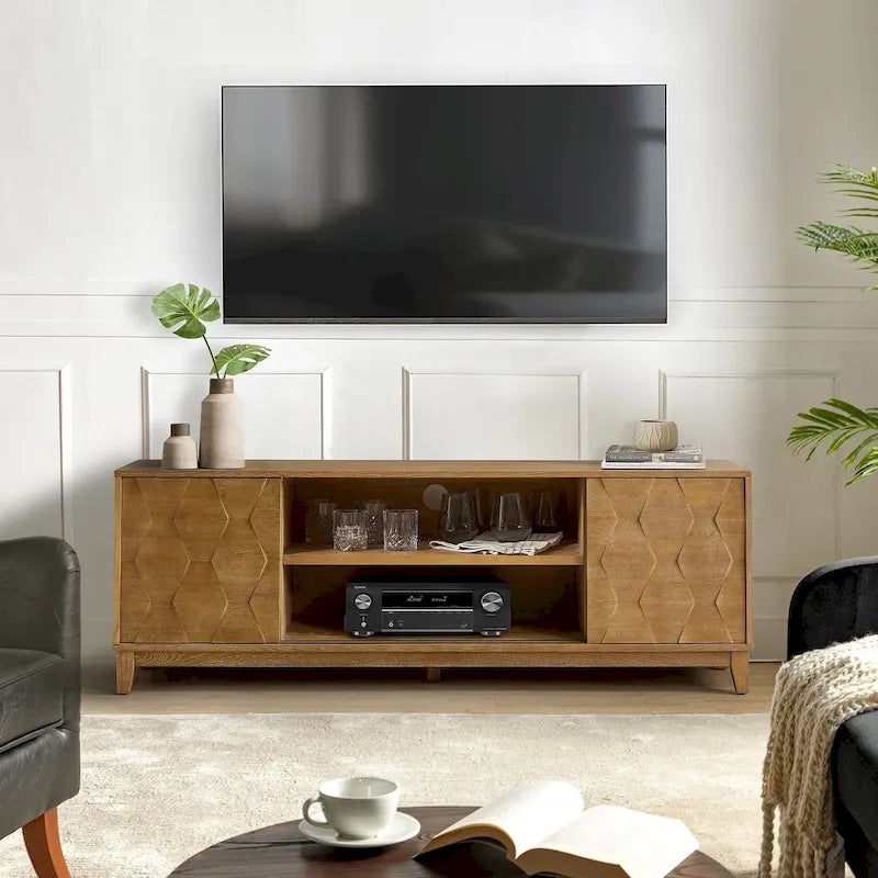 Meuble TV moderne avec 2 tiroirs et portes coulissantes pour téléviseurs jusqu'à 78 pouces