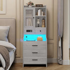 Table de chevet haute avec station de charge, 3 tiroirs et étagères, porte en verre LED