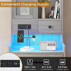 Table de chevet haute avec station de charge, 3 tiroirs et étagères, porte en verre LED