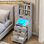Table de chevet haute avec station de charge, 3 tiroirs et étagères, porte en verre LED
