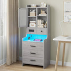 Table de chevet haute avec station de charge, 3 tiroirs et étagères, porte en verre LED