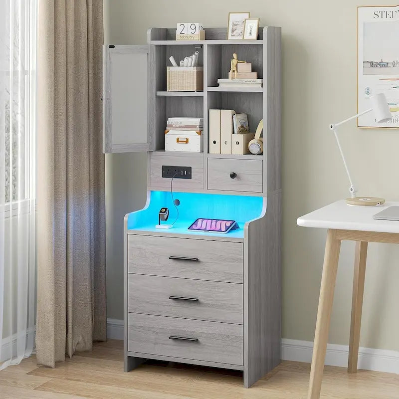 Table de chevet haute avec station de charge, 3 tiroirs et étagères, porte en verre LED