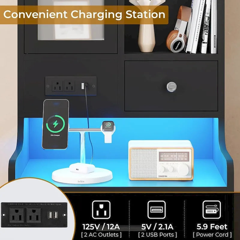 Table de chevet haute avec station de charge, 3 tiroirs et étagères, porte en verre LED