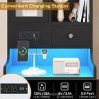 Table de chevet haute avec station de charge, 3 tiroirs et étagères, porte en verre LED