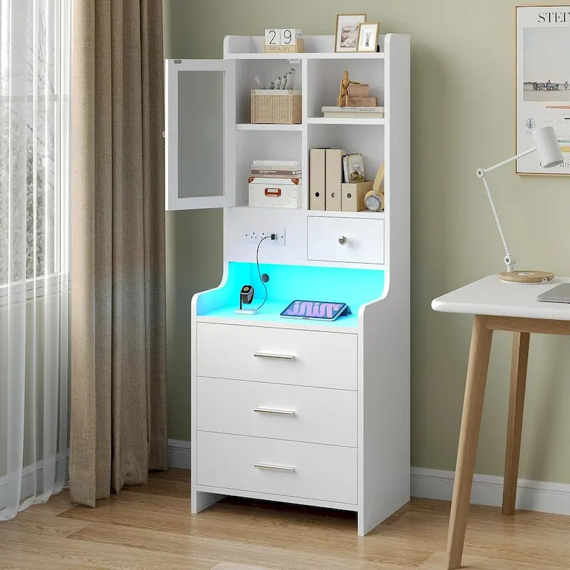 Table de chevet haute avec station de charge, 3 tiroirs et étagères, porte en verre LED