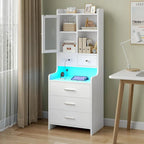 Table de chevet haute avec station de charge, 3 tiroirs et étagères, porte en verre LED