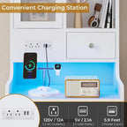 Table de chevet haute avec station de charge, 3 tiroirs et étagères, porte en verre LED