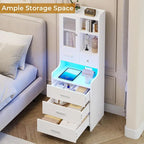 Table de chevet haute avec station de charge, 3 tiroirs et étagères, porte en verre LED
