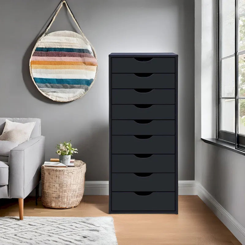 Étroite commode en bois à 9 tiroirs coulissants et étagère de rangement supérieure