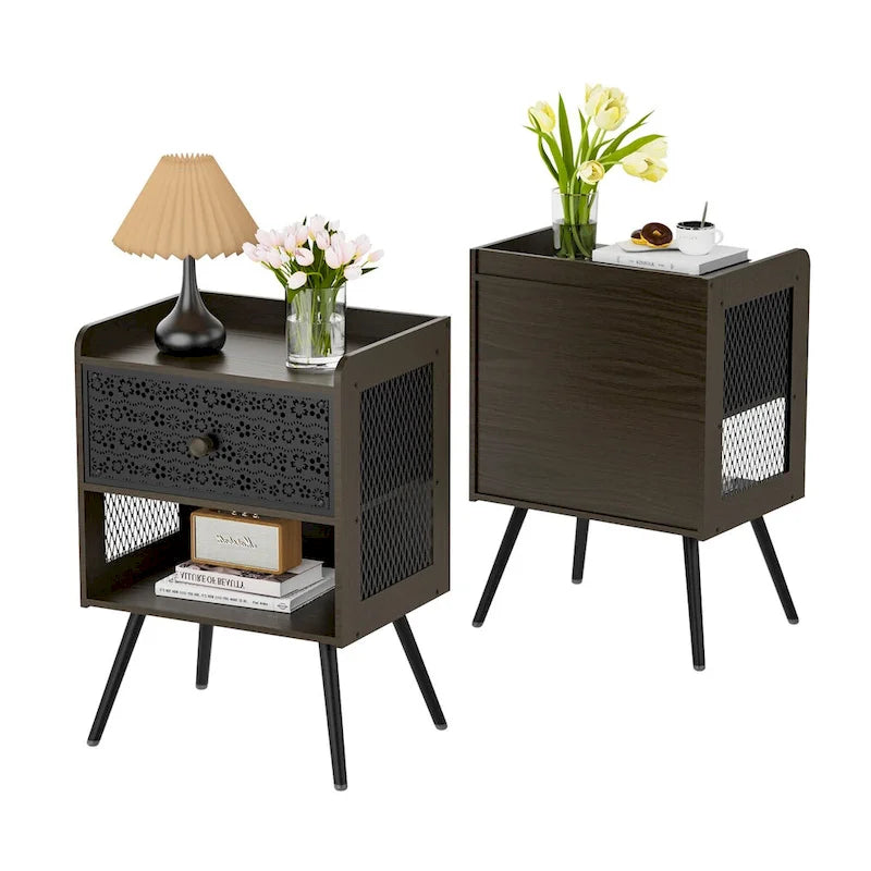 Table de chevet en bois avec pieds en métal - Lot de 2
