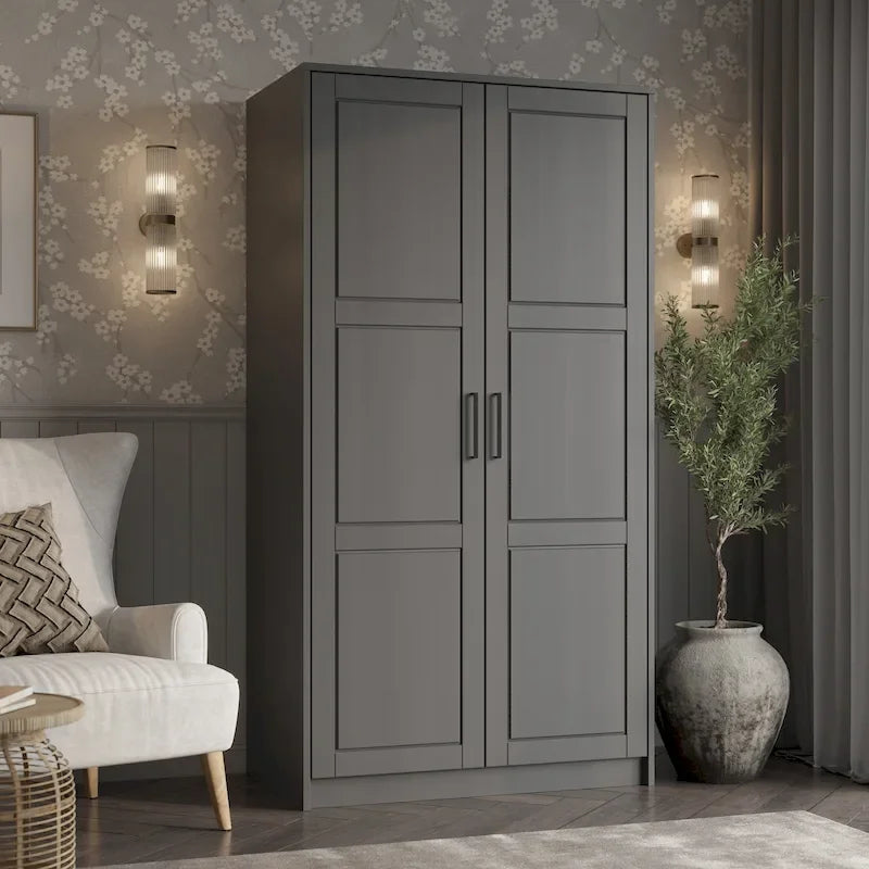  100% Solid Wood 2-Door Urban Wardrobe Armoire with Solid and Mirrored Doors