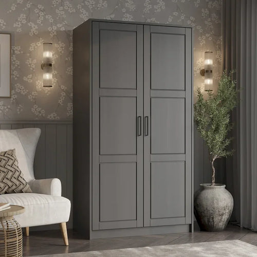  100% Solid Wood 2-Door Urban Wardrobe Armoire with Solid and Mirrored Doors
