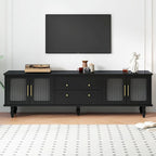 Meuble TV avec portes en verre cannelé pour téléviseurs jusqu'à 78 pouces, Console multimédia pratique avec 2 tiroirs et placards, Centre de divertissement