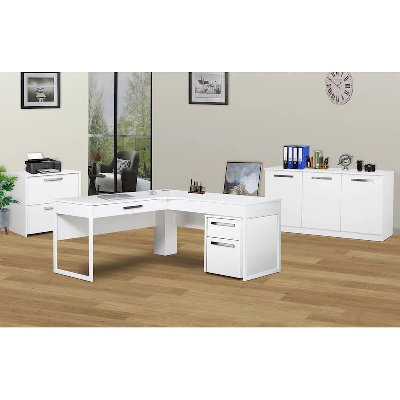 Bahut/Meuble de classement contemporain 3 portes aspect bois blanc