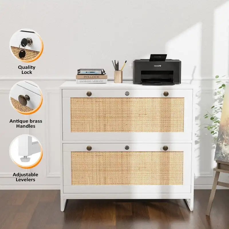 Meuble de rangement latéral 2 tiroirs Bois Rotin avec serrure pour bureau à domicile