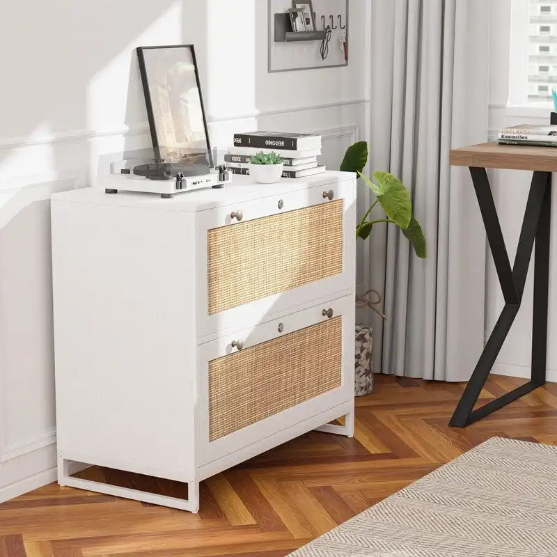 Meuble de rangement latéral 2 tiroirs Bois Rotin avec serrure pour bureau à domicile