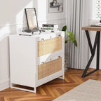 Meuble de rangement latéral 2 tiroirs Bois Rotin avec serrure pour bureau à domicile