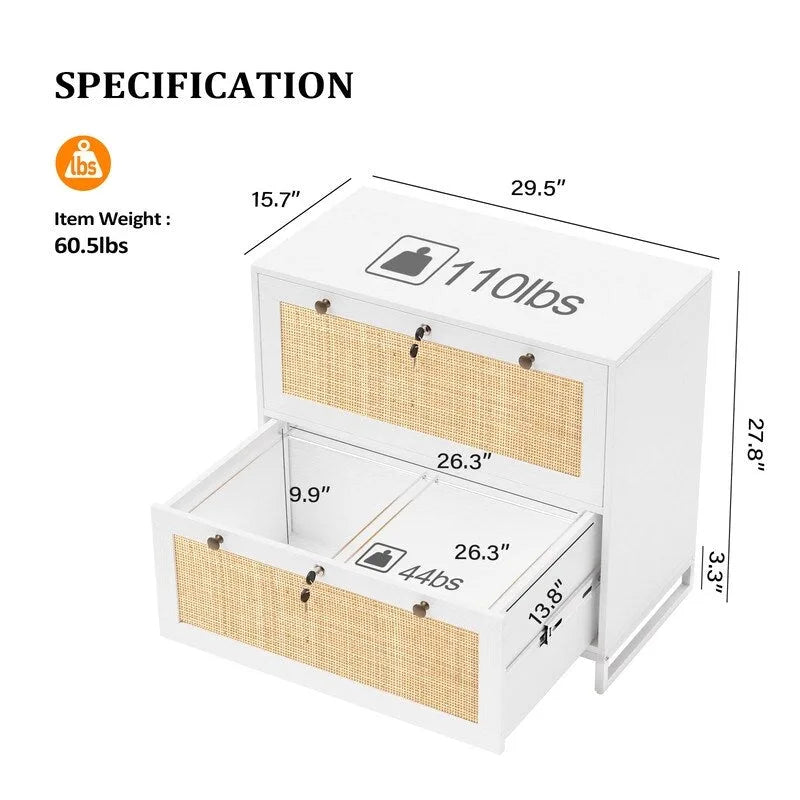 Meuble de rangement latéral 2 tiroirs Bois Rotin avec serrure pour bureau à domicile
