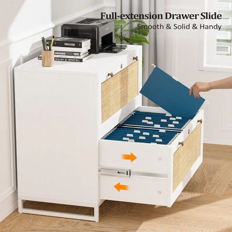Meuble de rangement latéral 2 tiroirs Bois Rotin avec serrure pour bureau à domicile