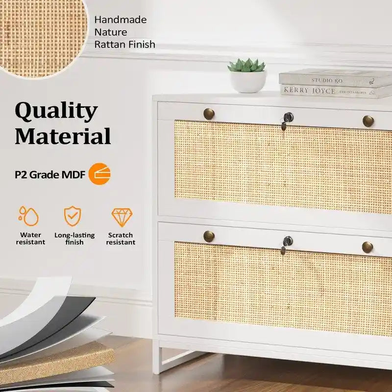 Meuble de rangement latéral 2 tiroirs Bois Rotin avec serrure pour bureau à domicile