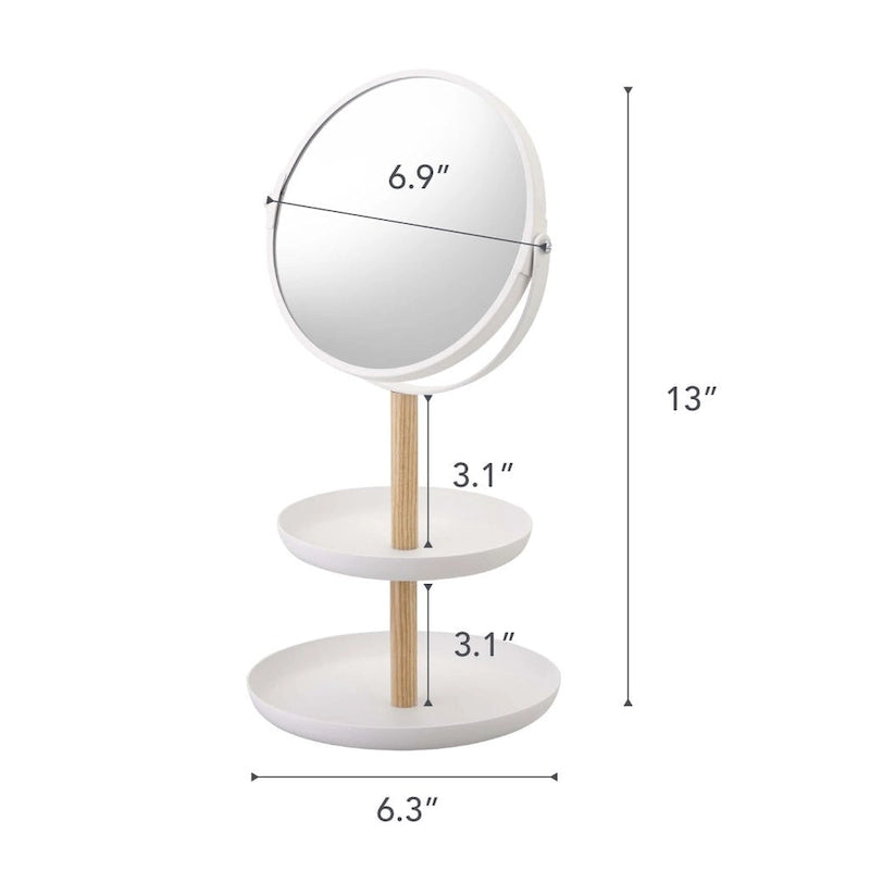 Plateau à bijoux à deux niveaux avec miroir, acier et bois, diamètre du miroir 15 cm, capacité de 2 kg